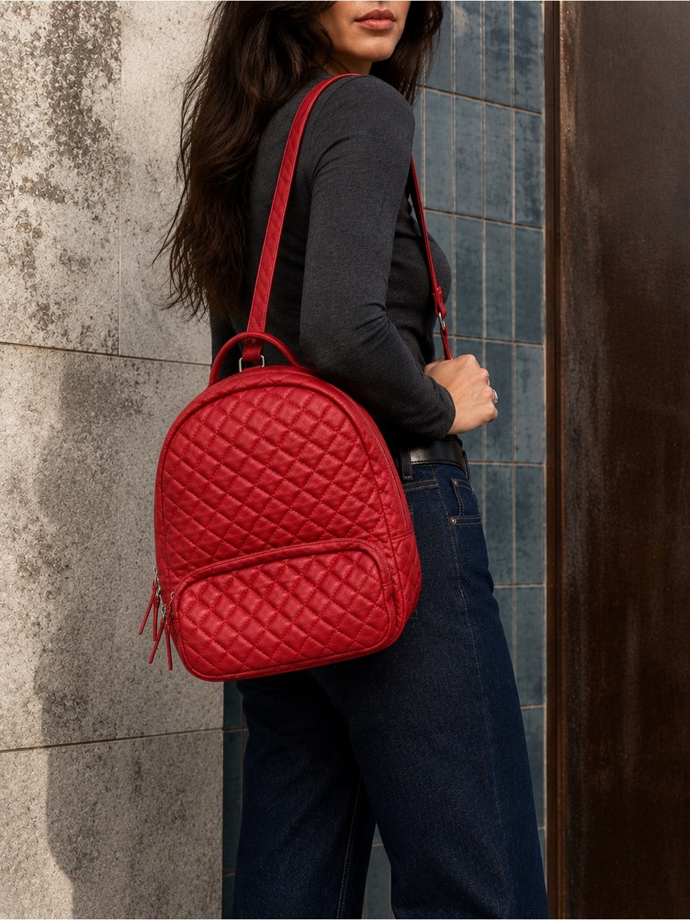 Nila Anthony NWOT Quilted Vegan Leather Red Diamond Backpack